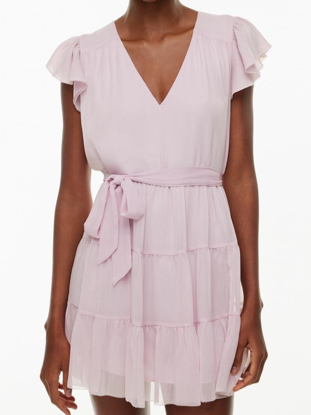 Aritzia Light Pink V-Neck Tiered Mini Dress with Self-Tie Waist